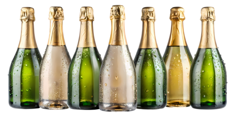 A row of six champagne bottles with gold foil tops and condensation on the glass against black background on transparent background