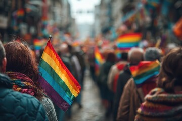 People celebrate during a Pride Parade, man wearing sunglasses and face paint, woman with rainbow headband in crowd celebrating diversity