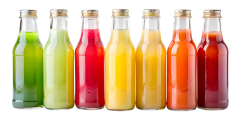 A row of glass bottles filled with colorful fruit and vegetable juices on a black background studio shot on transparent background