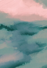 Impressionistic Landscape of Valley or Meadow -Hillside in Sage Green, Teal & Soft Pink & Teal w/Texture & Pattern-Digital Painting, Art, Design, Artwork, Illustration