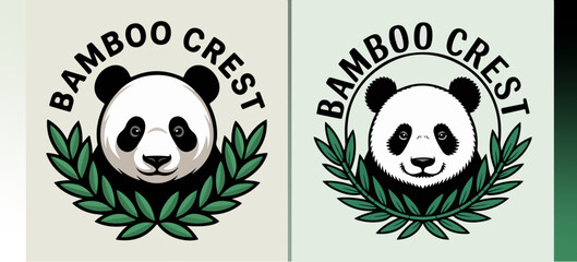 Fototapeta premium Two Bamboo Crest panda head logos with leaf wreaths, cute bear mascots in circular badges, green nature emblem set, vector illustration for eco branding