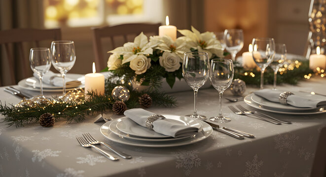 Sophisticated holiday tablescape featuring white poinsettias, silver accents, and ambient candlelight for a festive gathering
