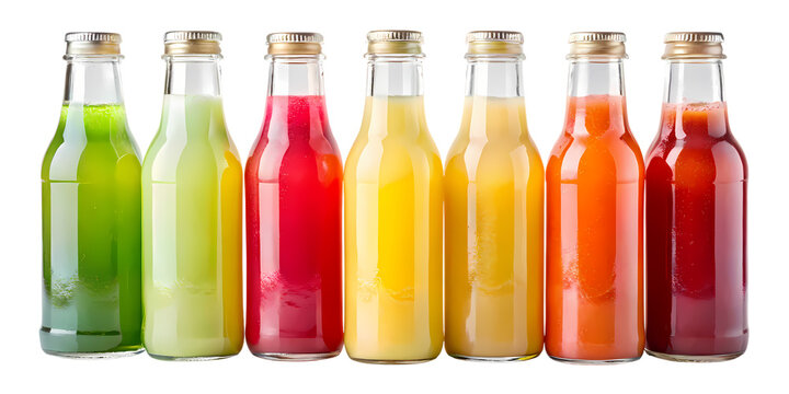 A row of glass bottles filled with colorful fruit and vegetable juices on a black background studio shot on transparent background - Powered by Adobe
