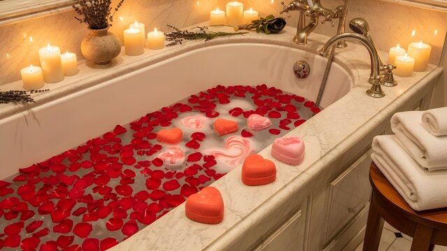 Numerous lit candles and dried lavender set a warm, soothing, and elegant ambiance, perfect for themes of romance, self-care, spa treatment, Valentine's Day, and relaxation.