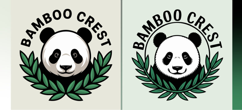 Two Bamboo Crest panda head logos with leaf wreaths, cute bear mascots in circular badges, green nature emblem set, vector illustration for eco branding
