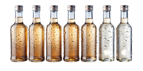A row of six small bottles with varying shades of liquid and water droplets on a black background on transparent background