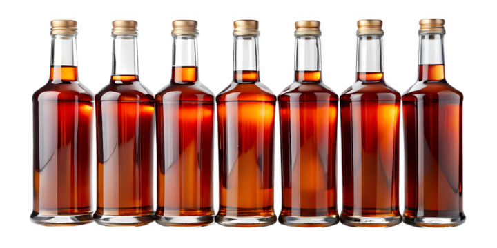 A row of six glass bottles filled with a dark amber liquid against a black background in a studio shot on transparent background