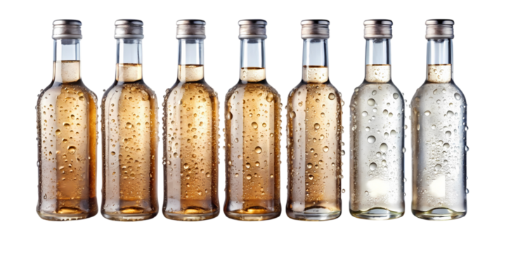 A row of six small bottles with varying shades of liquid and water droplets on a black background on transparent background