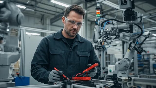 Technician wearing safety glasses and gloves uses a multimeter to examine complex robotic machinery in a modern factory