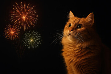 Curious ginger cat looking at colorful fireworks