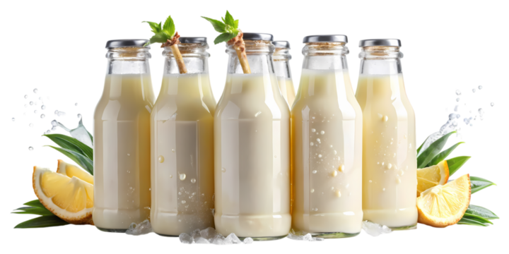 Bottles filled with creamy liquid and garnished with orange slices and mint leaves on black background on transparent background