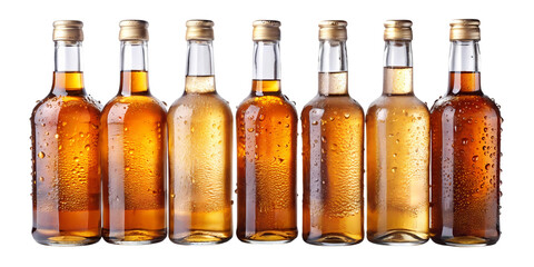A row of six glass bottles filled with amber liquid and metal caps against a black background studio shot on transparent background