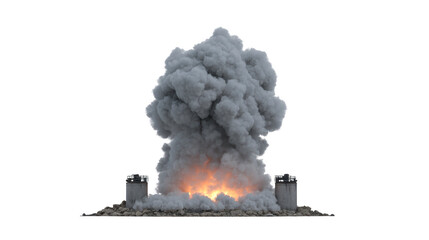 Fototapeta premium Explosion smoke fire destruction debris industrial danger dramatic outdoor disaster. large explosion with thick gray smoke and bright fire erupts from industrial site creating dramatic