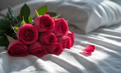 Romantic bouquet of vibrant red roses on soft white bedding for Valentine's Day or a special occasion, creating a heartfelt ambiance