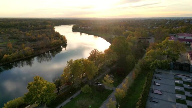 Aerial drone view of Tiraspol city in Transnistria at sunset
