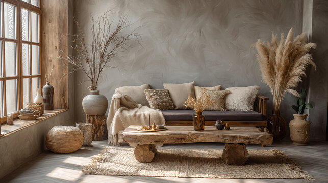 Eco-friendly interior with upcycled furniture, earthy tones, and natural sustainable decor. Living room with upcycled furniture, reclaimed wood table, dried plants, natural fabrics, earthy color palet