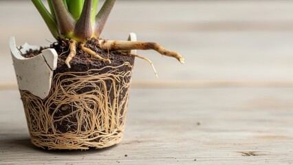 Plant roots are visible in broken pot showing plant roots structure. Indoor plant roots need repotting and plant roots are essential for plant survival, allowing it to absorb nutrients from soil.