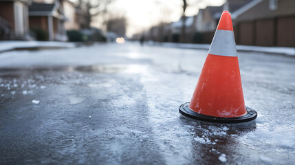 Orange safety cone on an icy road in a residential area. The cone is used to warn of hazardous conditions due to ice and snow. The light suggests a cold winter day.
