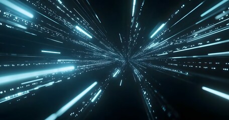 Abstract futuristic digital tunnel with glowing cyan light streaks and particles creating a sense of rapid movement and technological advancement