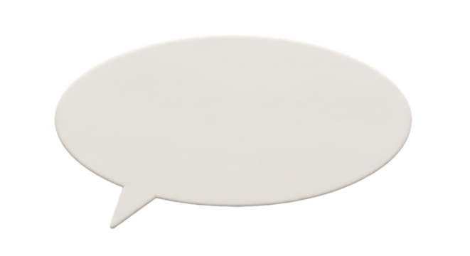A blank off white speech bubble shape with a pointed tail isolated on transparent background