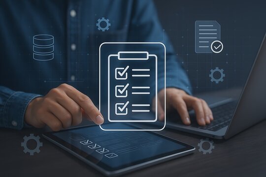 Digital checklist on tablet screen with person interacting with technology