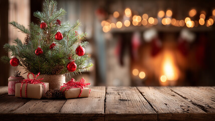 christmas tree with red ornaments and garland on a wooden table against the blurred background of a fireplace