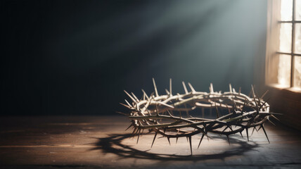 Crown of thorns resting in quiet solemnity, capturing themes of sacrifice, faith, and redemption in dramatic light for powerful visual storytelling