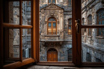 Vintage buildings and aged walls seen through an old dirty window on a cloudy day in Eastern Europe
