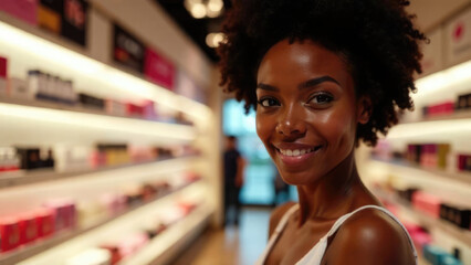 Portrait of an African-American woman in front of a cosmetics store. Visual for the beauty industry, inclusive marketing, and brand diversity campaigns