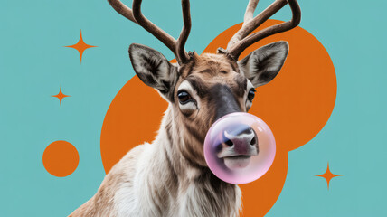 Playful reindeer blowing a bubble gum, cute animal with bubble, cheerful holiday season, whimsical wildlife, fun graphic for kids, vibrant seasonal illustration