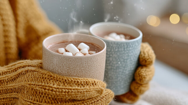 Cozy winter scene with hands holding steaming mugs of hot cocoa and marshmallows - Powered by Adobe