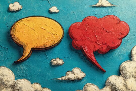 Yellow cloud shape with red burst on blue sky background resembling comic book art style illustration - Powered by Adobe