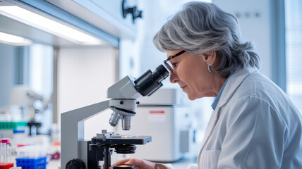 Focused scientist using microscope for innovative research in modern laboratory, driving medical breakthroughs and pharmaceutical advancements with precision tools