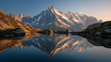 A tranquil alpine lake in Austria at dusk, showing a perfect mirror reflection.