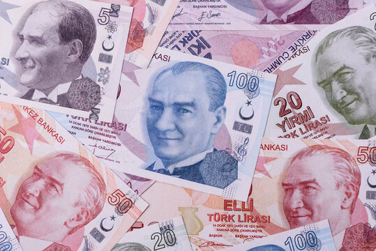 Money, currency of Turkey, lira banknotes of various denominations. Turkish money - Powered by Adobe