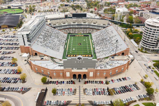 Iowa City, IA, USA - October 28, 2025: Kinnick Stadium is home to the University of Iowa Hawkeyes NCAA football team that compete in the Division I Big Ten conference. Empty stadium.