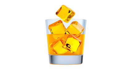 Whiskey glass with golden liquid and ice cubes, refreshing drink, isolated on transparent background, perfect for bar, party, or celebration themes