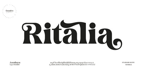 Ritalia Future font alphabet. Minimal lowercase letters. Smart space typographic design 