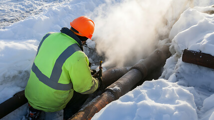 Worker in safety gear repairs a pipe leak outdoors on a snowy day. Steam rises from the damaged section as the individual works to resolve the issue promptly.