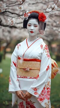 Person in traditional attire, with artistic makeup and floral hair ornaments, stands amidst cherry blossoms. White garment with red and pink patterns evokes cultural beauty, springtime, and serene her