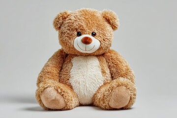 Cute brown teddy bear sitting upright with white paws on a light gray background in a soft studio light, perfect for a gift or decoration