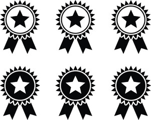 Collection of six black and white star award ribbons with serrated edges and hanging tails, representing achievement and recognition
