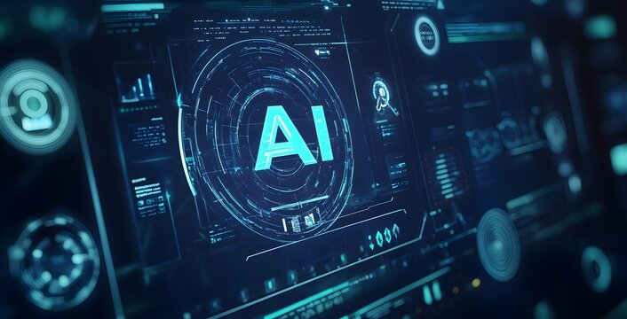 Futuristic digital interface displaying artificial intelligence ai technology with glowing blue holographic elements and data streams representing innovation and advanced computing systems - Powered by Adobe