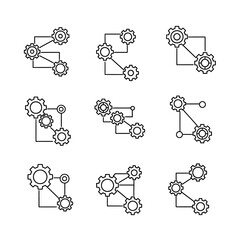 Gear mechanisms interconnected in a network representing technological processes and systems.