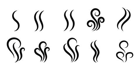 Obraz premium Smoke, steam, smog, smell symbols. Smoke vector icons. Fire steam or Line smoke doodle hand drawn set. smell waves from food or coffee and beverages sketch style. black steam and vapor icons. EPS 10. 