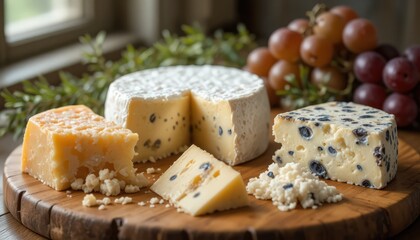 A luxurious still life featuring a variety of gourmet cheeses, including soft-ripened, hard, and blue-veined types, elegantly displayed on a rustic wooden board. 