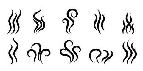 Smoke steam icon vector logo set. Smoke smell, steam aroma heat icon illustration. Hot vapor fire doodle line logo. Hit stink, coffee, fragrance flame elements. Smoke steam icon set. EPS 10. 