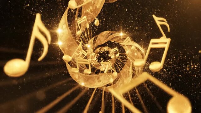 Abstract animation of golden musical notes in motion on black background