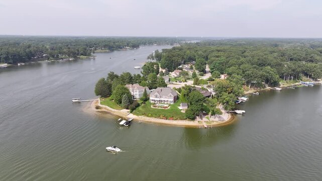  Aerial Drone View of Mona Lake Peninsula in Norton Shores, Muskegon, Michigan &ndash; Scenic Waterfront Landscape&rdquo;