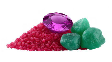 Purple gemstone, green rough stones, and red crystals arranged together, sparkling and vibrant, isolated on transparency background, evoking sense of luxury and elegance